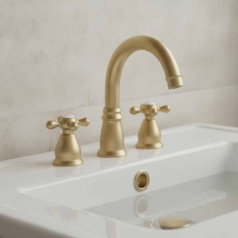 Klassischer runder Waschtisch-Wasserhahn aus Messing, gebürstetes Messing-Finish, gebogener Auslauf mit Ablaufgarnitur im traditionellen Stil